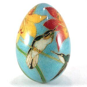 cloisonne egg green hummingbirds and yellow orange flowers turquoise blue 3 inch